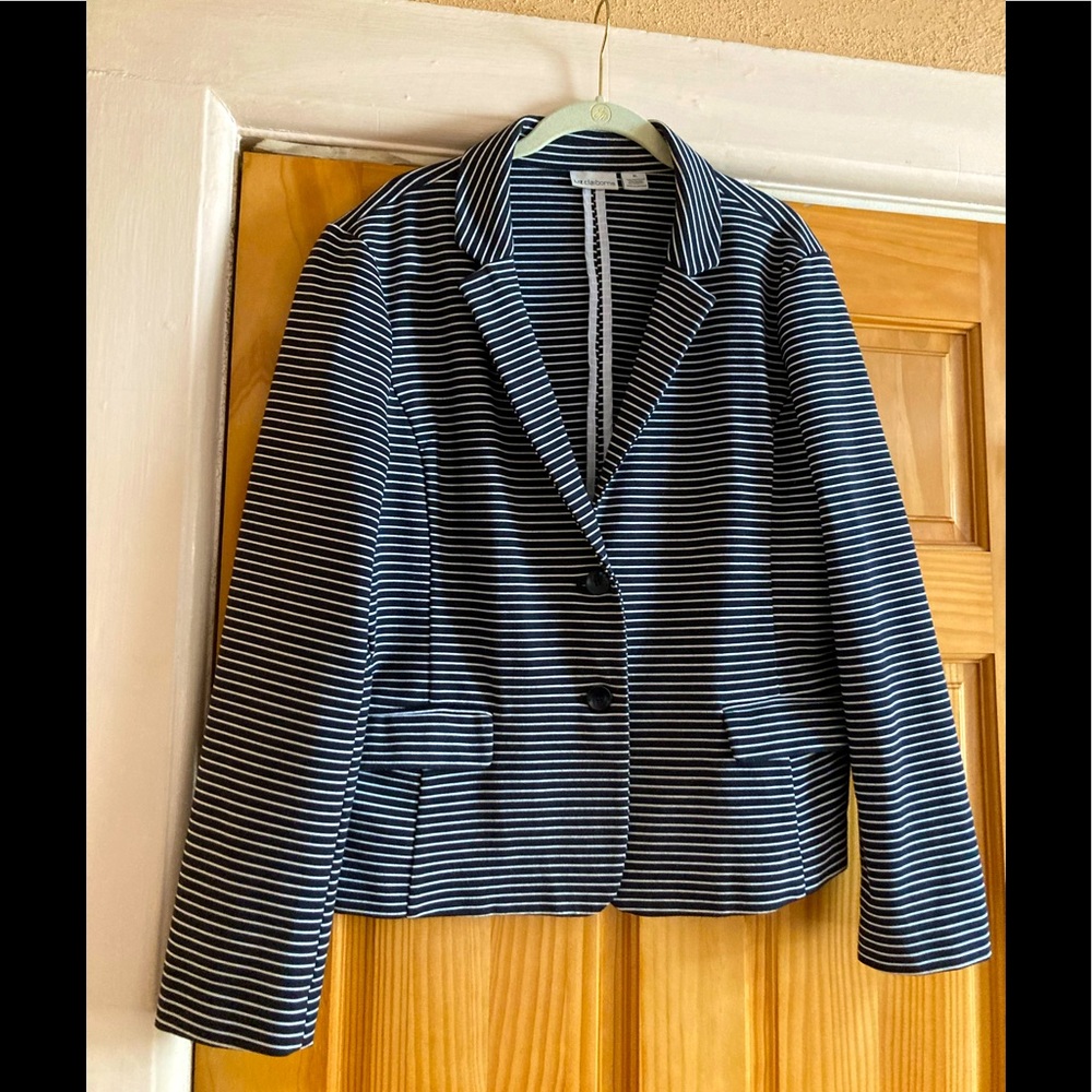 Liz Claiborne knit navy and white striped blazer